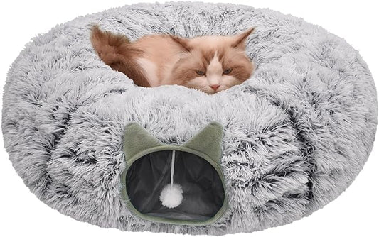 Cat Tunnel Bed for Indoor Cats, Soft Plush Donut Peekaboo Cat Cave, Multifunctional Playground Toy for Small Medium Large Cats, Kittens, Rabbits, Ferrets, with Washable Cushion(Grey)