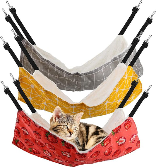 Lainrrew 3 Pcs Cat Hammock, Reversible Cat Hanging Hammock Pet Cage Hammock Soft Plush Cat Bed Double Sided Resting Sleepy Pad with Adjustable Straps for Cats Rabbits Small Dogs Small Animals