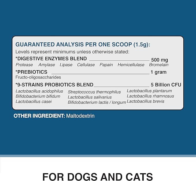 American Standard Supplements Probiotics for Dogs & Cats with Prebiotics & Digestive Enzymes, 5 Billion CFU, 9 Strains, 3.17oz (90g), 180 Servings - Dog & Cat Probiotics for Gut Health & Digestion