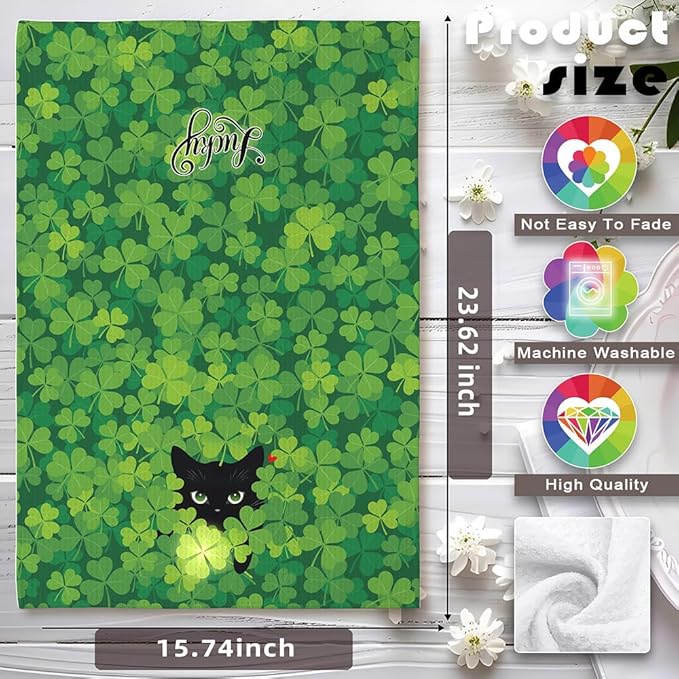 Lucky Clover Cat Green Kitchen Towels-Fun Irish Themed Dish Towels with Hidden Black Cat & Glowing 4-Leaf Design, Decorative Hand Towels for Kitchen Decor or Bathroom Accessories