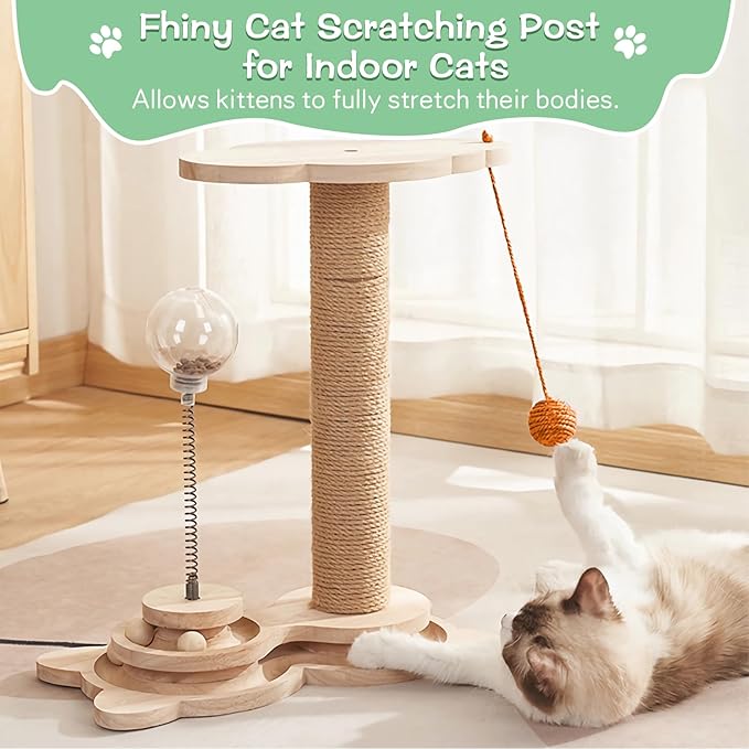 Fhiny Cat Scratching Posts, Interactive Cat Toys for Indoor Cats Sisal Rope Kitten Scratcher with Cat Treat Dispenser 2-Layer Wooden Cat Turntable & Interactive Balls Dangling Ball for Cats Kittens