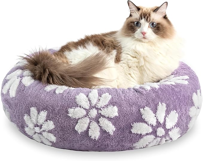 Donut Dog Beds for Small Dogs, Calming Round Cat Beds for Indoor Cats, Cute 3D Textured Flower Pet Bed with Removable Washable Cover and Anti-Slip Bottom（Purple，20"）