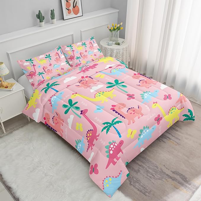 Axolotl Cute Dinosaur Comforter Set Twin,Colorful Dinosaur Girls Bedding Set,Dinosaurs Print Comforter Sets Botanical Palm Trees,Butterfly Bedding Set for Kids Girls Teens,1 Quilt 2 Pillowcases,Pink