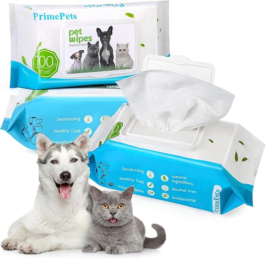 PrimePets Dog Wipes for Paws and Butt, 300 Count, 8" x 6" Pet Grooming Wipes for Dogs Cats Cleaning Deodorizing, Unscented Dog Paw Wipes, Puppy Wipes for Face Bum Eyes Ears Teeth