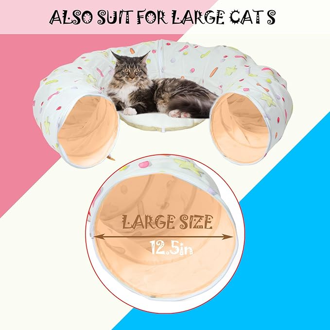 LUCKITTY Large Cat Donut Tunnel, Big Cat Tunnel Bed,Fluffy Toy Balls, Small Cushion and Flexible Design- 12 inch Diameter, Great for Cats, and Small Dogs,Cream