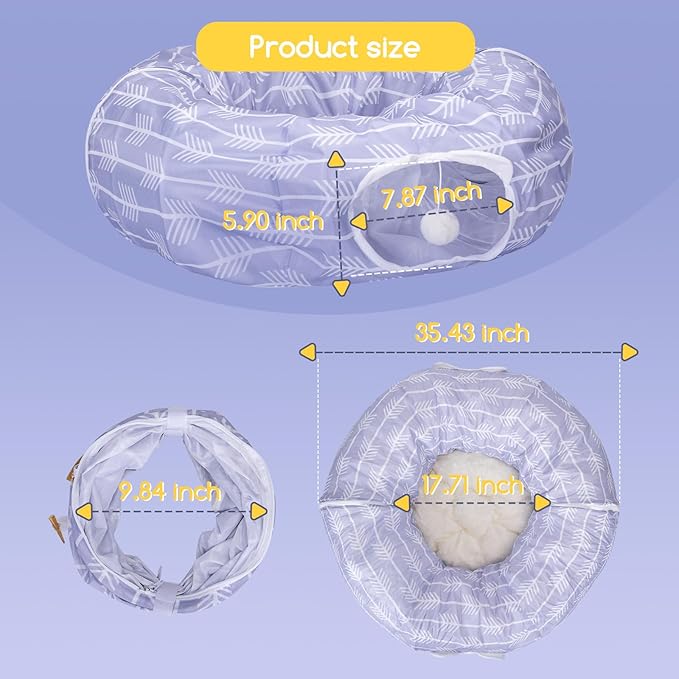 Nobleza Cat Tunnel Bed, Collapsible Washable Cat Tube Tent Toy for Indoor Play Rest, Lightweight Ventilate Cool Kitty Tube Toy Round Donut Tunnel with Detachable Cushion Hanging Balls