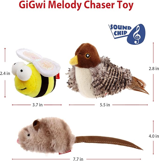 Gigwi Interactive Cat Toy Set, Squeaky Cat Feather Toys for Indoor Cats, 3PCS Cat Plush Toy Pack Including Mouse Hunt Cat Toy, Cat Chase Bird Toy, Cat Chirping Bee Toy