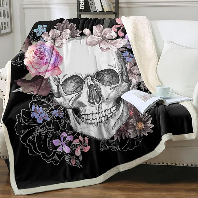 Sleepwish Fleece Throw Blanket Skull Rose Sherpa Blanket Gift for Women Girl Fuzzy Black Pink Flower Blanket for Couch Chair, Queen (90" X 90")