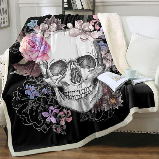 Sleepwish Fleece Throw Blanket Skull Rose Sherpa Blanket Gift for Women Girl Fuzzy Black Pink Flower Blanket for Couch Chair, Queen (90" X 90")