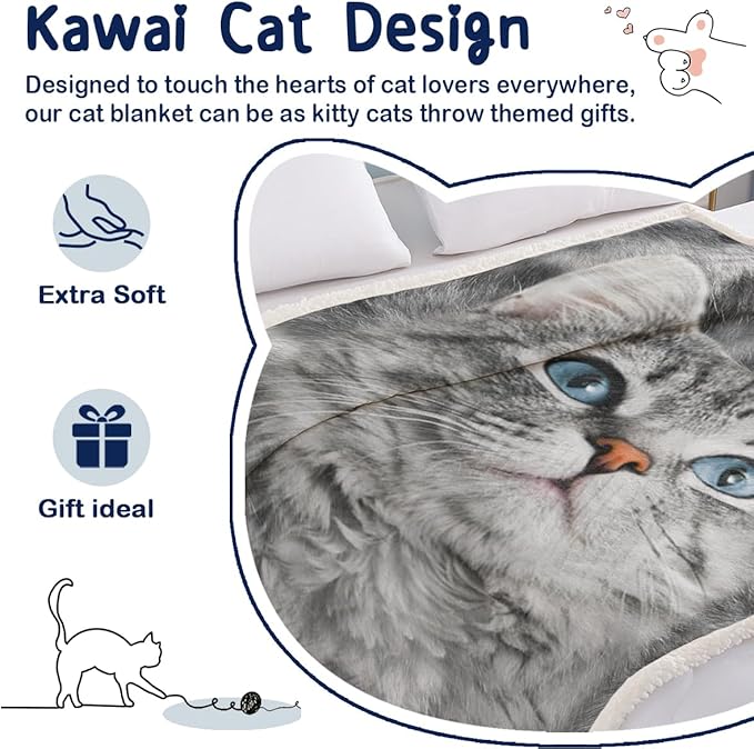 SOULZZZ Gray Cat Blankets for Cat Lovers Kids & Adults Cute Grey Cat Fleece Sherpa Blanket for Bed Chair Couch Travel Cat Themed Gifts for Women & Girls (50x60 Inches)