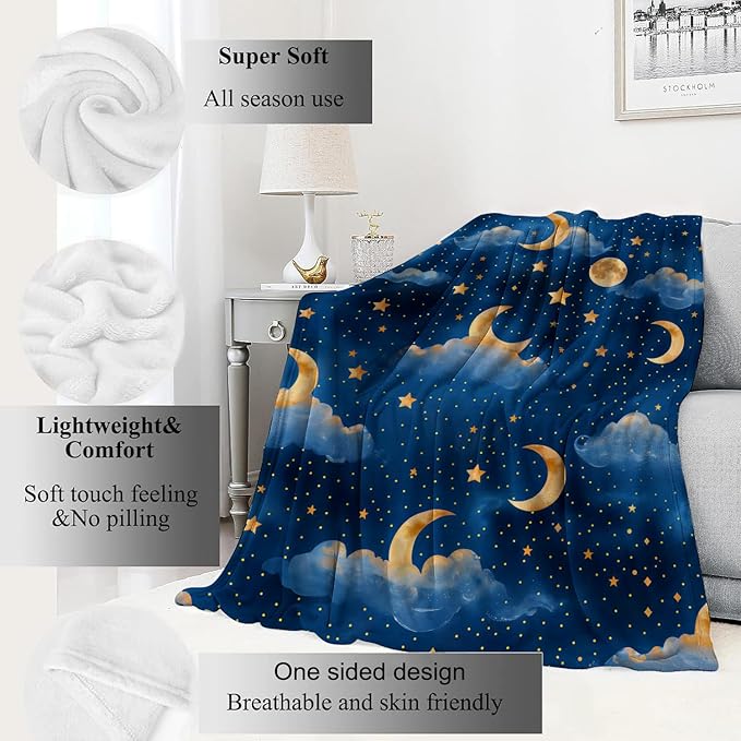 Moon Cloud Stars Blanket Dreamy Night Sky Throw Blankets Gifts for Girls Boys Adults Lightweight Soft Fleece Cozy for Sofa Couch Bed Room Travel Birthday Party Decor 60x80in