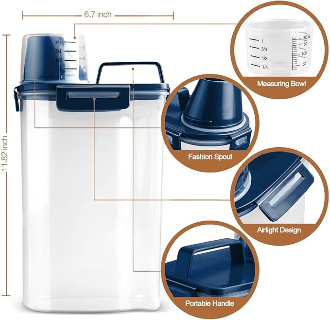 Upgraded Dog Food Storage Container Small, Cat Food Container Airtight, Pet Food Container Dispenser with Pour Spout, Measuring Cup and 4 Seal Buckles for Dogs, Cats, Birds (Blue)