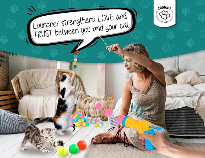 Interactive Cat Toys for Indoor Cats Includes 2 Cat Toy Gun + 100 Cat Pom Pom Balls + 3 Extra Balls | Cat Ball Launcher Giving Your Cat Fun and Exercise