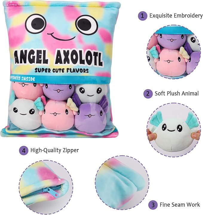 Axolotl Plush Pillow, Cute Axolotl Pillow with Axolotl Plushies, Bag of Axolotl Stuffed Animal Dolls, Stuffed Axolotl Gift for Kids, Cute Plush Axolotl Toy for Birthday, Christmas (Colorful Axolotl)