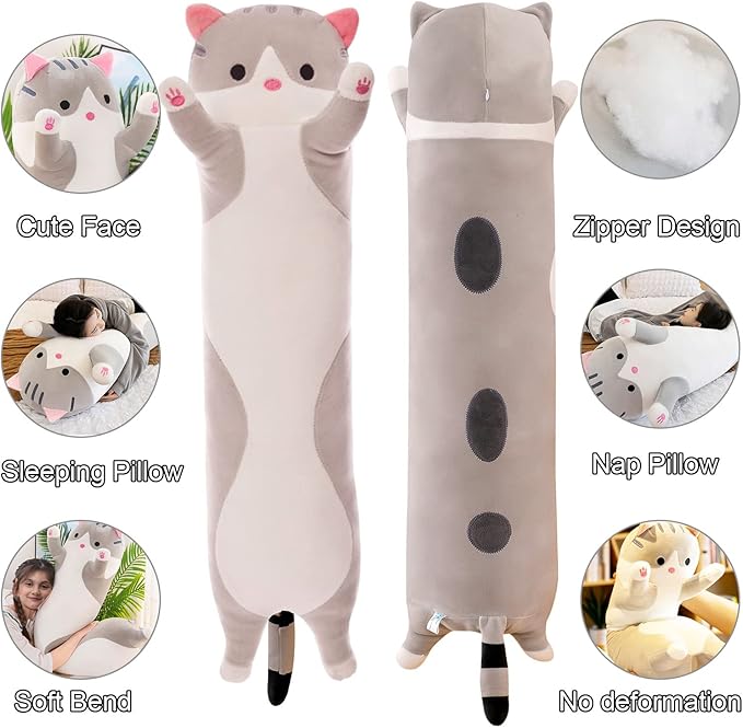Giant Cat Pillow Plush Cartoon Kitty Sleeping Hugging Pillow, Cuddly Soft Long Kitten Body Pillow Doll Cat Cushion Toy for Kids Girlfriend (Gray, 130cm/51.18inch)