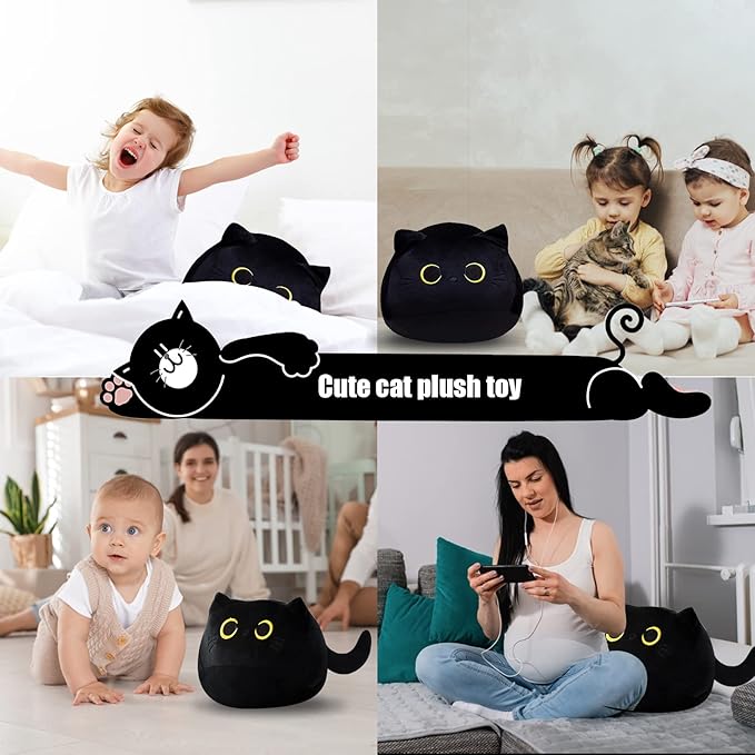 10'' Cute Black Cat Plush Toys, Soft Pillow Squishy Plushies, Kawaii Cat Stuffed Animals for Home Decoration, Gift for Cat Lovers, Kids, Boys & Girls (Black, 10 Inch)