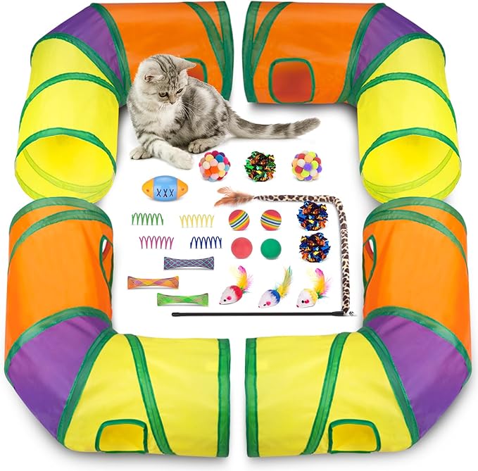 Cat Toys 25 Pcs,Kitten Toys for Indoor Cats,4 Collapsible Cat Tunnel Tubes Interactive Feather Teaser Wand Toy for Kitten Cats Springs Mouse Crinkle Toys Rainbow Football Cat Ball with Bell Toy