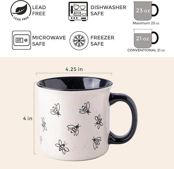 AmorArc 22 OZ Large Ceramic Coffee Mugs, Oversized Soup Cups With Big Handle for Men Women Dad Mom, Big Mug With Textured Bees Patterns for Office & Home -Microwave Safe, 2 Pcs-Black