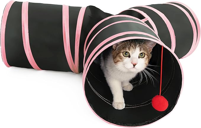 3-Way Cat Tunnels for Indoor Cats - Rabbit Tunnels and Hideouts - Durable and Collapsible Cat Tubes and Tunnels for Active Play (Pink)