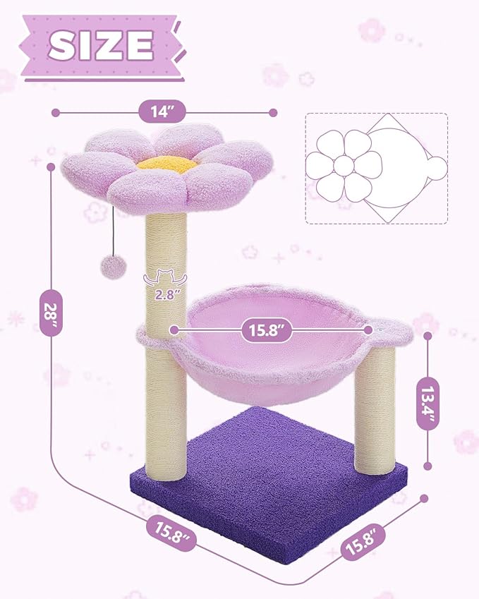 Flower Cat Scratching Post, 28" Cute Cat Tree Tower for Indoor Cats with Large Hammock Soft Perch Bed, Replaceable Toy Ball for Kittens, Purple