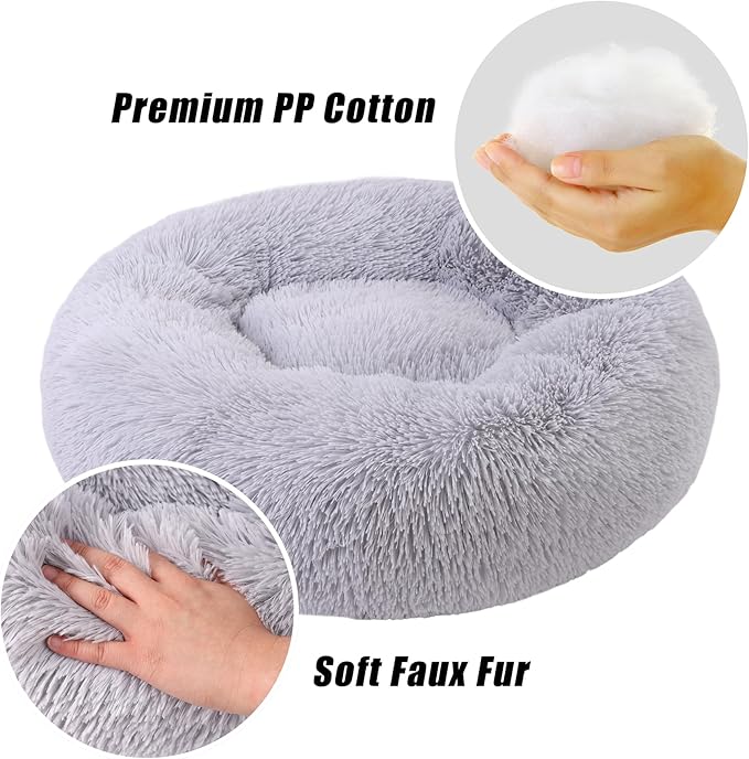 Calming Dog Bed, Dog Beds Fits up to 5 lbs Pets, Fluffy Donut Dog & Cat Bed Washable, Round Anti Anxiety Dog Bed, Small Dog Bed with Non-Slip Bottom (Light Grey, 17" x 17")