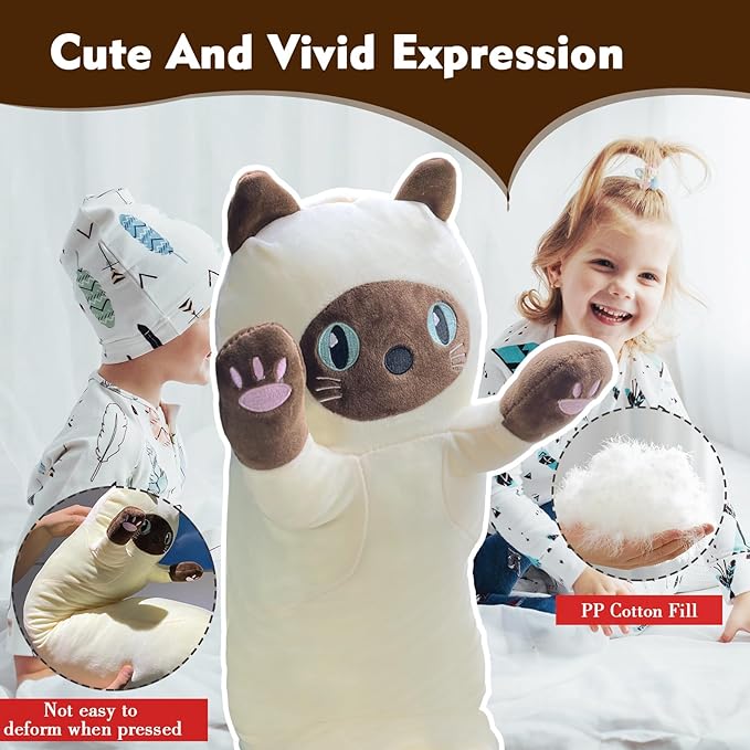 Long Cat Plush Pillow, 19.6in Cute Yellow Cat Plushie Stuffed Animals Body Pillow, Kawaii Kitten Soft Plushie Doll Toy Birthday Gift for Kids Girlfriend