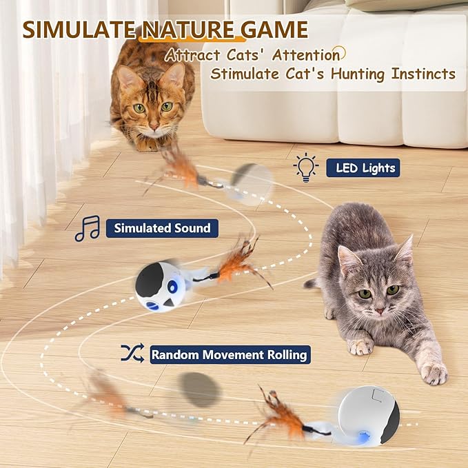 ORSDA Cat Toys, Interactive Cat Toys for Indoor Cats Automatic Moving Ball Bird for Bored Indoor Adult Cat Kitten Toys Ball, Motion Activated Fast Moving Chirping Stimulating Light Cats Toys, 2 Tails