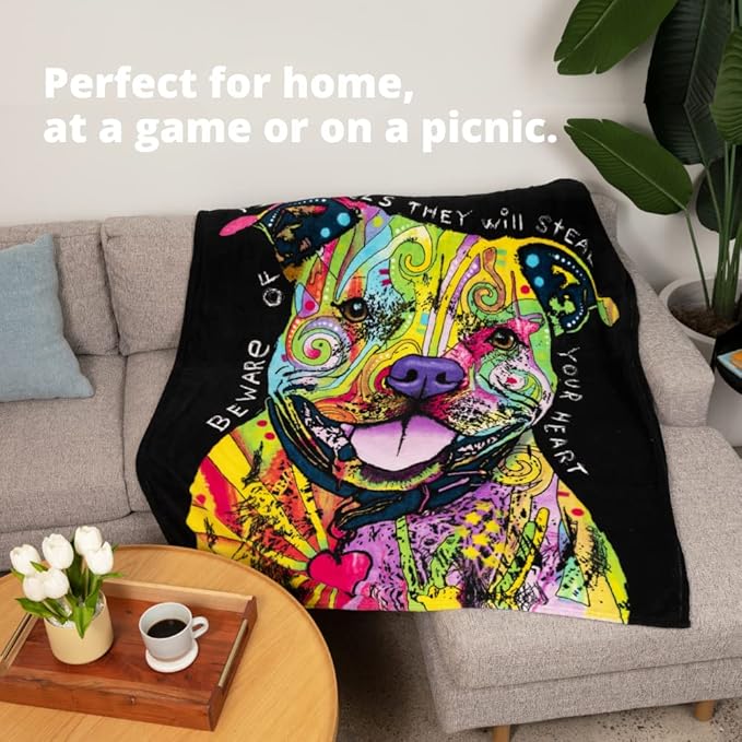 Dawhud Direct 50 x 60 Inch Pitbull Fleece Blanket Throw with Dean Russo Dog Art - Soft and Colorful Pitbull Blankets for Adults, Kids, Bed Couch Sofa Travel - Thoughtful Gift for Dog Lovers