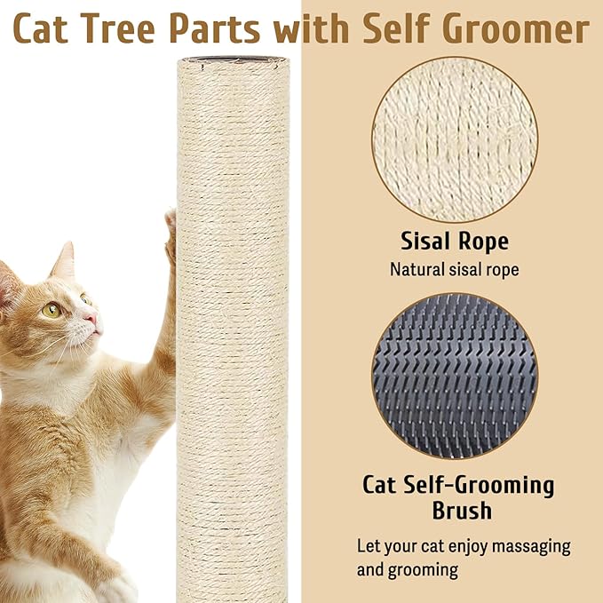 Cat Scratching Post Replacement Pole Refill 16in M8 Cats Tower Replacement Parts with Self Groomer Massager Spare Jute Kitty Tree Refurbishment Accessories for Indoor Kittens (Gray)
