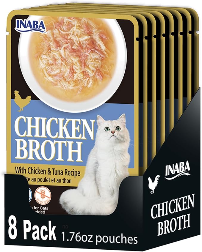 Inaba Chicken Broth, Shredded Chicken & Broth Side Dish/Topper for Cats with Vitamin E, 1.76 Ounce Pouch, 8 Pouches Total, Chicken and Tuna Recipe