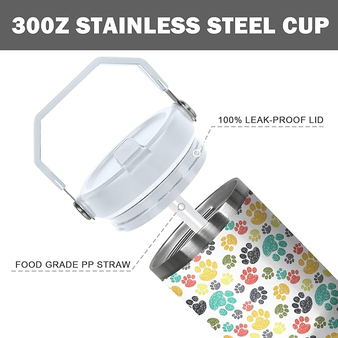 30 Oz Paw Print Tumbler with Handle and Straw, Insulated Paw Print Coffee Mug, Double Wall Stainless Steel Cat Paw Cup, Cat Mom Mug or Cat Dad Mug, 30 Oz Leak Proof Cat Paw Mug for Women Gifts