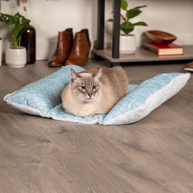 Furhaven Cat Bed for Indoor Cats, Washable w/ Removable Bolsters, For Pets Up to 18 lbs - Plush & Diamond Print Cuddle Loaf Mat - Aqua, Large
