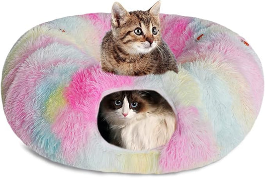 KOMUSMO Cat Tunnel Bed with Central Mat and Hanging Ball Toy, Multifunctional Large Cat Bed Cave Donut for Indoor Cats, Soft Plush Fluffy Collapsible Peekaboo Cave for Small Medium Large Cats Kittens
