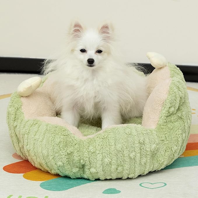 Hollypet Calming Cat Beds for Indoor Cats - Cute Cactus Pet Beds, Fluffy Puppy Bed, Non-Slip Extra Small Dog Bed, Green