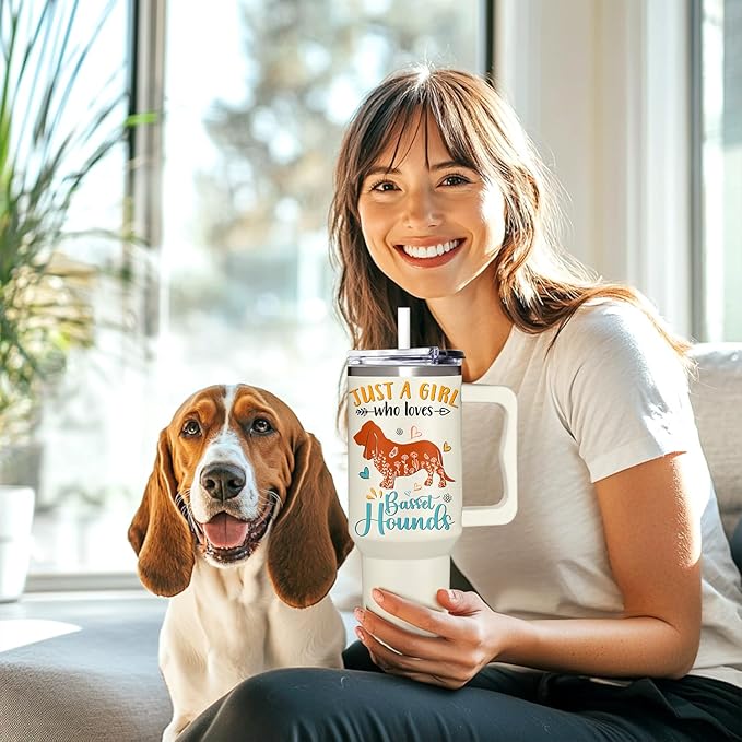 Basset Hound Gifts for Girls & Women, Christmas and Mother's Day Gifts for Basset Hound Lovers, Birthday Present Idea for Dog Owners, Dog Mom 40oz Tumbler with Handle & Straw