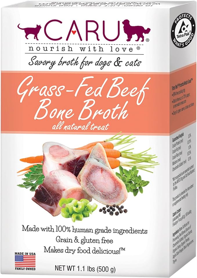 Caru - Grass-Fed Beef Bone Broth for Dogs and Cats, Moistens Dry Food or Pour Over Freeze Dried Raw Food, Grain and Gluten Free, Non-GMO Ingredients (1.1 lbs).