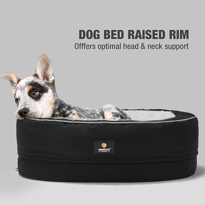 Veehoo Orthopedic Cat Bed for Indoor Cats, Oval Washable Cat Bed with Egg Crate Foam Support, Indoor Donut Puppy Cat Bed Bolster Dog Bed with Removable Cover & Non-Slip Bottom, Black