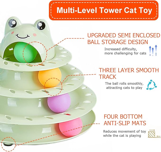 Cat Toys, 4-Level Turntable Ball Track Interactive Cat Toy for Indoor Cats, Self Play Fun Roller with Colorful Rotating Ball Puzzle Exercise Kitten Toys (Green)