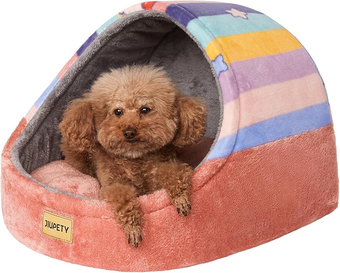 Jiupety Cute Cat Beds for Indoor Cats, Cat Cave Bed and Kitten Bed, Hideway Cat House for Cat & Small Dog with Anti-Slip Bottom, Washable Removable Cushion, L(19"x17"x16"), Rainbow.