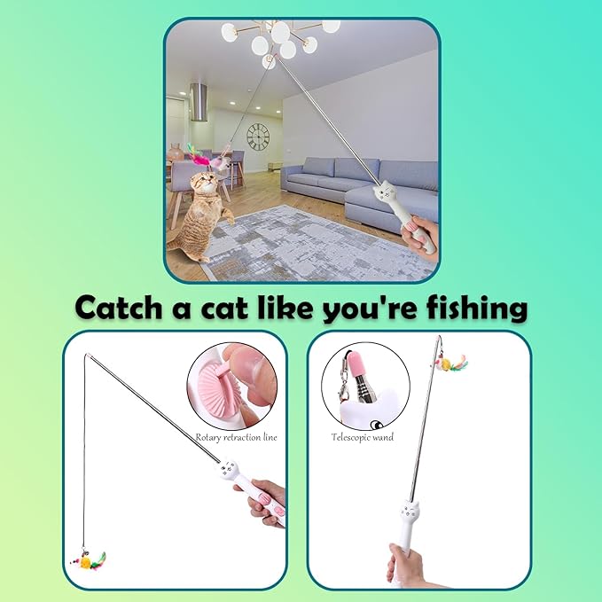 Cat Toys for Indoor Cats Retractable Cat Wand, with Feather & Mice, 3-in-1 Laser Pointer Interactive Cat Toy, 5 Modes, Kitten Toy for Indoor Cat and Dog (Pink)