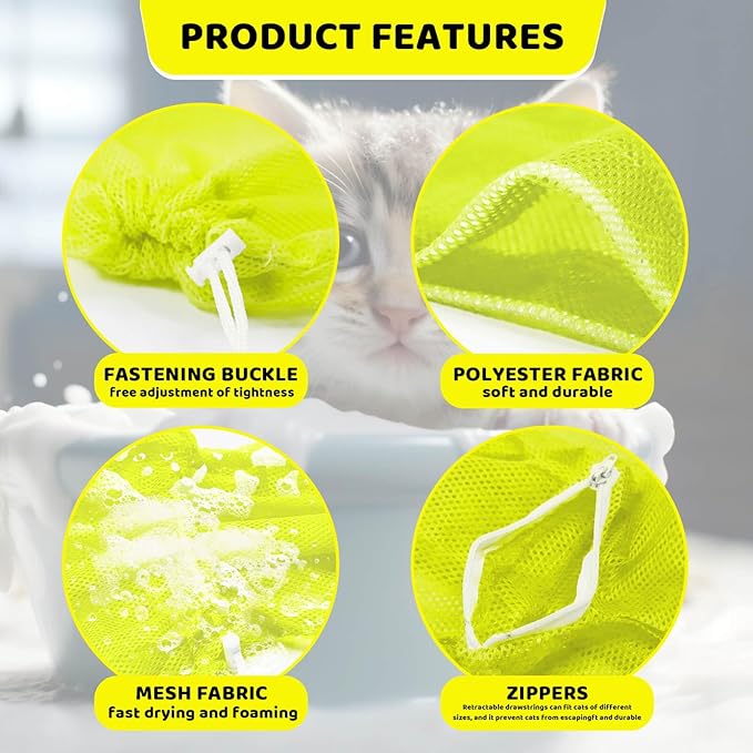 Cat Bathing Bag Anti Scratch and Bite, Cat Shower Bag Soft Mesh Net Bag for Small/Medium/Large Cats Restraint Grooming Nail Trimming Washing - Yellow