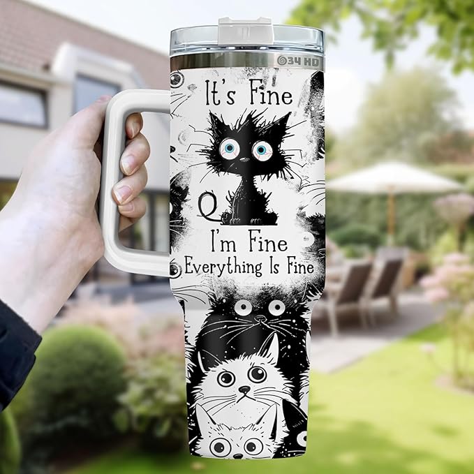 34HD Funny Black Cat Tumbler with Handle and Straw, 40oz Stainless Steel Vacuum Insulated Everything Is Fine Cup, Cat Lover Gifts for Women Birthday Mothers Day Halloween Christmas