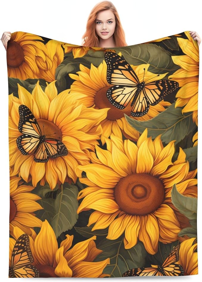 Sunflower Butterfly Blanket Gifts for Grils Women Floral Flannel Throw Blankets for Home Couch Bed Sofa Soft Fuzzy Lightweight Decor All Season 60x50 Inches