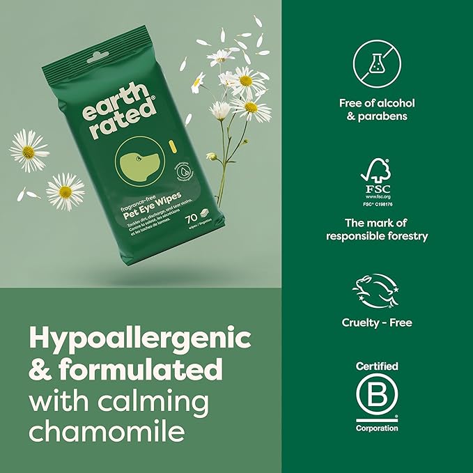 Earth Rated Pet Eye Wipes, Hypoallergenic Cleaner for Dogs & Cats Eyes to Remove Dirt & Discharge, Fragrance Free, 70 Count