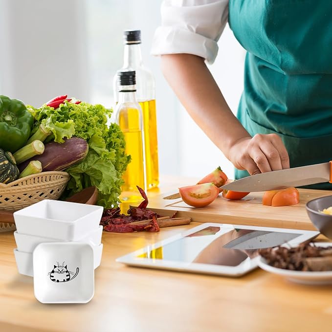 BigNoseDeer Super Cute Cat Ceramic Sauce Dish,Mini Side Seasoning Dish,Condiment Dishes,Sushi Soy Dipping Bowl,Snack Serving Dishes,Meow Porcelain Small Saucer Set(Set of 6)