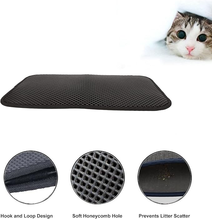 ASHATA Cat Litter Mat, Double Layer Design Urine Proof Trapper Mat for Litter Boxes, Double Layer EVA Litter Trapping Mat for Kitten, Easy to Clean Scatter Control (Black)