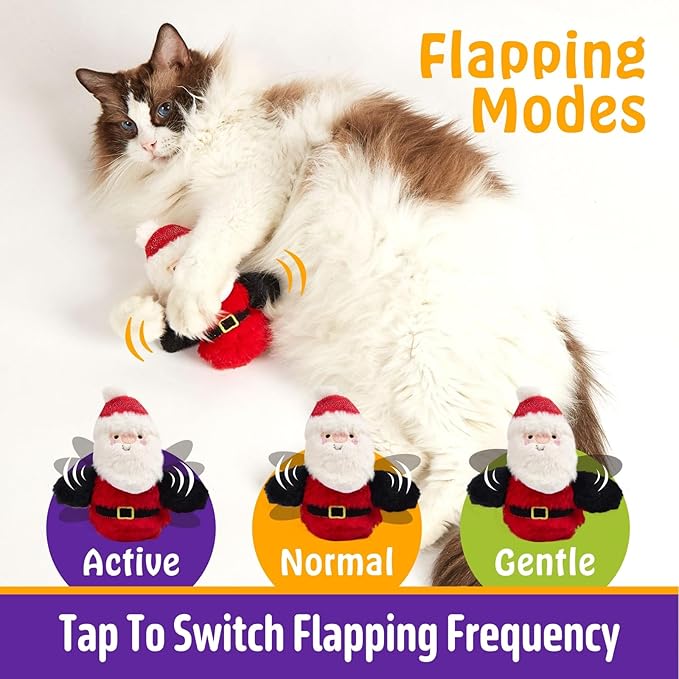 Interactive Christmas Cat Toys, Flapping Santa Clause Cat Toys, Lifelike Bird Chirp, USB Rechargeable Catnip Toy for Bored Indoor Cats Chase Exercise, 3 Modes