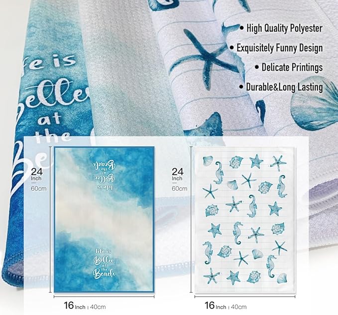 Beach Funny Kitchen Towels for Home Decor Starfish Seahorse Scallop Ocean Themed Summer Dish 16x24 Inch Seasonal Ultra Absorbent Bar Hand Towel Bathroom Farmhouse Set of 2-Blue