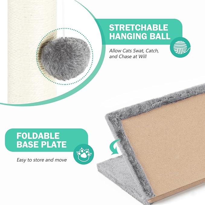 32" Tall Scratching Posts for Indoor Cats Adults Cat Scratchers with Interactive Hanging Toy Ball Cat Scratch Furniture Protector Scratcher Post with Stable Heavy Base, Light Grey