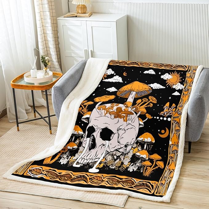 Sugar Skull Throw Blanket - Hippie Mushroom Fleece, Gothic Skeleton Sherpa, Queen Size, Boho Orange Fungus, Horror Theme, Dark Aesthetic Halloween Decor